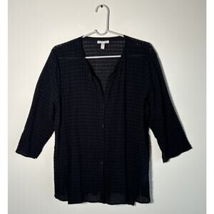 Eileen Fisher Womens Top Black Cotton Waffle Texture 3/4 Sleeve Button Up Sz L